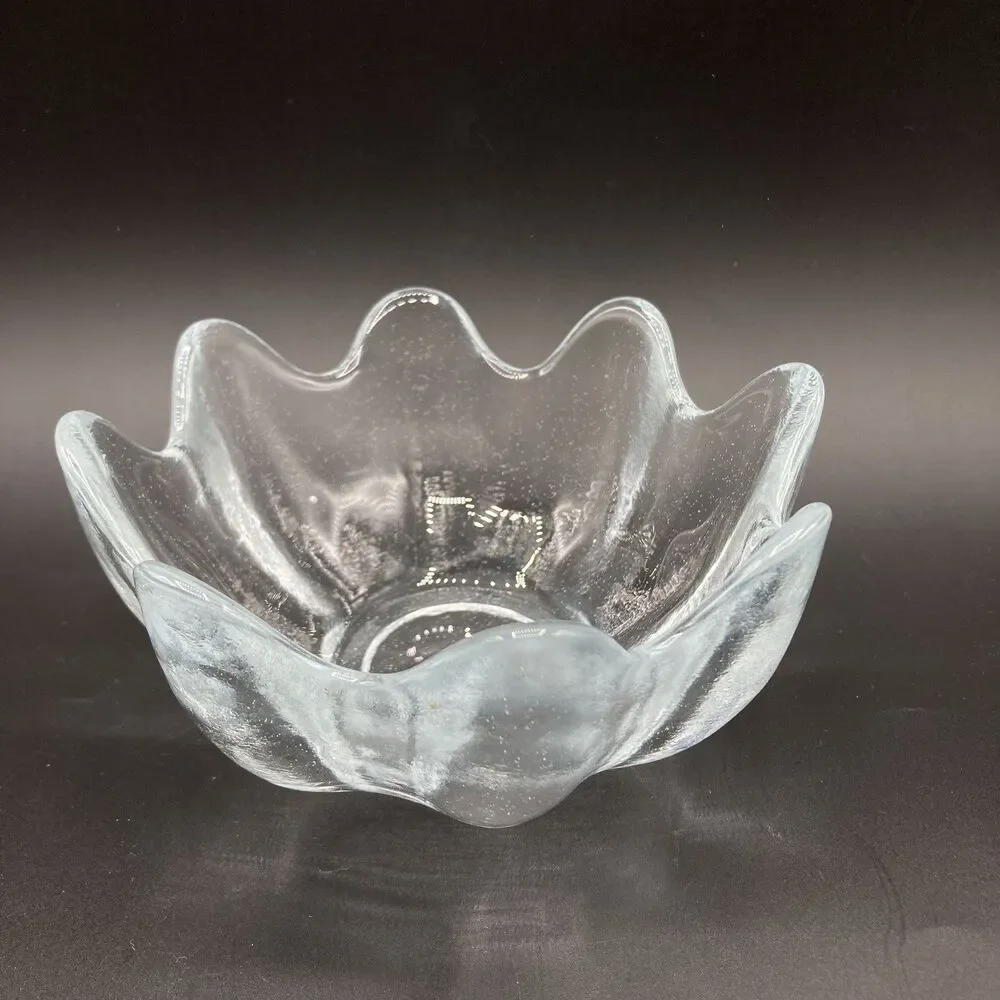 Vintage Blenko Glass Clear Lotus Bowl Textured Hand Blown 8 Petal Small 5.5” W